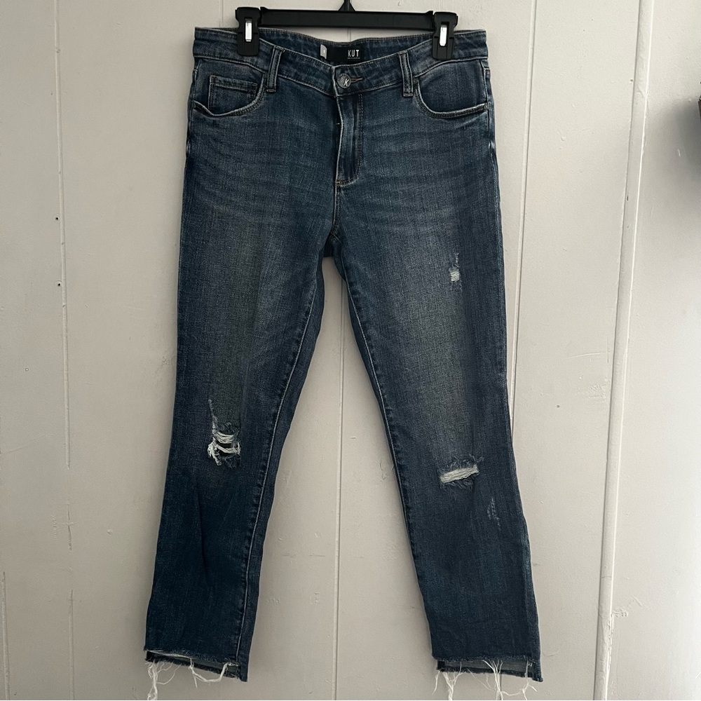 Kut From The Kloth Reese Jeans Blue Ankle Straight Leg Distressed Raw Hem Sz 6